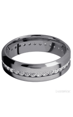 7 mm wide/High Bevel/Tantalum band with an Eternity arrangement of .03 carat Round Lab Grown Diamond stones in a Channel setting.