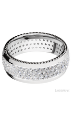8 mm wide/Domed/14K White Gold band with two 1 mm Sidebraid inlays of 14K White Gold and featuring a 3 Row Eternity arrangement of .015 carat Round Diamond stones in a Bead Channel setting