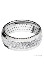 8 mm wide/Domed/14K White Gold band with two 1 mm Sidebraid inlays of 14K White Gold and featuring a 3 Row Eternity arrangement of .015 carat Round Diamond stones in a Bead Channel setting