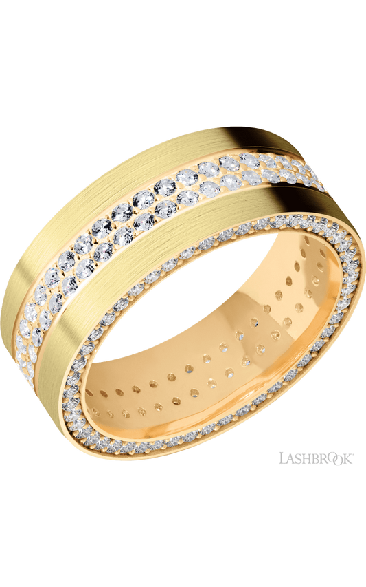 8 mm wide/Flat/14K Yellow Gold band with a Side Eternity arrangement of .01 carat Round Diamond stones in a Bead Channel setting and featuring a a 2 Row Eternity arrangement of .015 carat Round Diamond stones in a Bead Channel setting
