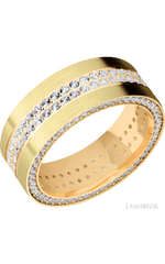 8 mm wide/Flat/14K Yellow Gold band with a Side Eternity arrangement of .01 carat Round Diamond stones in a Bead Channel setting and featuring a a 2 Row Eternity arrangement of .015 carat Round Diamond stones in a Bead Channel setting