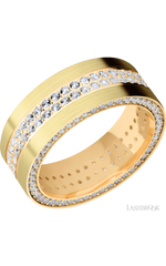8 mm wide/Flat/14K Yellow Gold band with a Side Eternity arrangement of .01 carat Round Diamond stones in a Bead Channel setting and featuring a a 2 Row Eternity arrangement of .015 carat Round Diamond stones in a Bead Channel setting