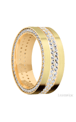 8 mm wide/Flat/14K Yellow Gold band with a Side Eternity arrangement of .01 carat Round Diamond stones in a Bead Channel setting and featuring a a 2 Row Eternity arrangement of .015 carat Round Diamond stones in a Bead Channel setting