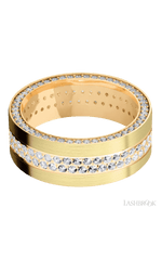 8 mm wide/Flat/14K Yellow Gold band with a Side Eternity arrangement of .01 carat Round Diamond stones in a Bead Channel setting and featuring a a 2 Row Eternity arrangement of .015 carat Round Diamond stones in a Bead Channel setting