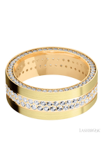 8 mm wide/Flat/14K Yellow Gold band with a Side Eternity arrangement of .01 carat Round Diamond stones in a Bead Channel setting and featuring a a 2 Row Eternity arrangement of .015 carat Round Diamond stones in a Bead Channel setting