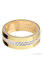 8 mm wide/Flat/14K Yellow Gold band with a Side Eternity arrangement of .01 carat Round Diamond stones in a Bead Channel setting and featuring a a 2 Row Eternity arrangement of .015 carat Round Diamond stones in a Bead Channel setting