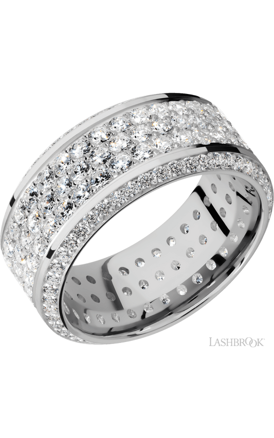 10 mm wide/High Bevel/14K White Gold band with a Bevel Eternity arrangement of .01 carat Round Diamond stones in a Bead setting and featuring a a 3 Row Eternity arrangement of .03 carat Round Diamond stones in a Bead Channel setting