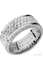 10 mm wide/High Bevel/14K White Gold band with a Bevel Eternity arrangement of .01 carat Round Diamond stones in a Bead setting and featuring a a 3 Row Eternity arrangement of .03 carat Round Diamond stones in a Bead Channel setting
