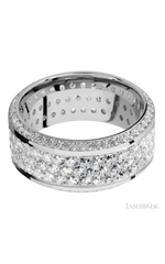 10 mm wide/High Bevel/14K White Gold band with a Bevel Eternity arrangement of .01 carat Round Diamond stones in a Bead setting and featuring a a 3 Row Eternity arrangement of .03 carat Round Diamond stones in a Bead Channel setting