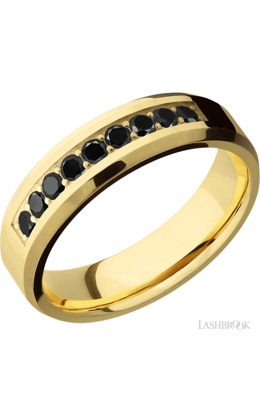 6 mm wide/Beveled/14K Yellow Gold band with an arrangement of 9, .05 carat Round Black Diamond stones in a Bead Channel setting.