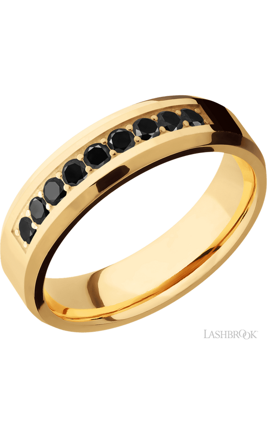 6 mm wide/Beveled/14K Yellow Gold band with an arrangement of 9, .05 carat Round Black Diamond stones in a Bead Channel setting.