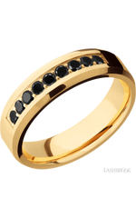 6 mm wide/Beveled/14K Yellow Gold band with an arrangement of 9, .05 carat Round Black Diamond stones in a Bead Channel setting.