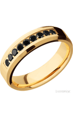 6 mm wide/Beveled/14K Yellow Gold band with an arrangement of 9, .05 carat Round Black Diamond stones in a Bead Channel setting.