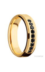 6 mm wide/Beveled/14K Yellow Gold band with an arrangement of 9, .05 carat Round Black Diamond stones in a Bead Channel setting.