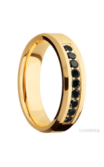 6 mm wide/Beveled/14K Yellow Gold band with an arrangement of 9, .05 carat Round Black Diamond stones in a Bead Channel setting.