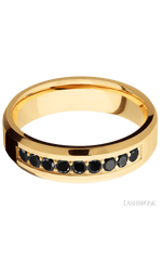 6 mm wide/Beveled/14K Yellow Gold band with an arrangement of 9, .05 carat Round Black Diamond stones in a Bead Channel setting.