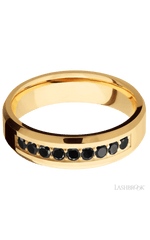 6 mm wide/Beveled/14K Yellow Gold band with an arrangement of 9, .05 carat Round Black Diamond stones in a Bead Channel setting.