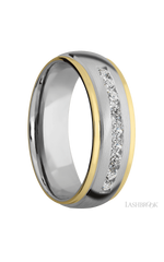 7 mm wide/Domed Stepped Down Edges/Cobalt Chrome band with two 1 mm Edge inlays of 14K Yellow Gold and featuring an arrangement of 9, .05 carat Round Diamond stones in a Channel setting