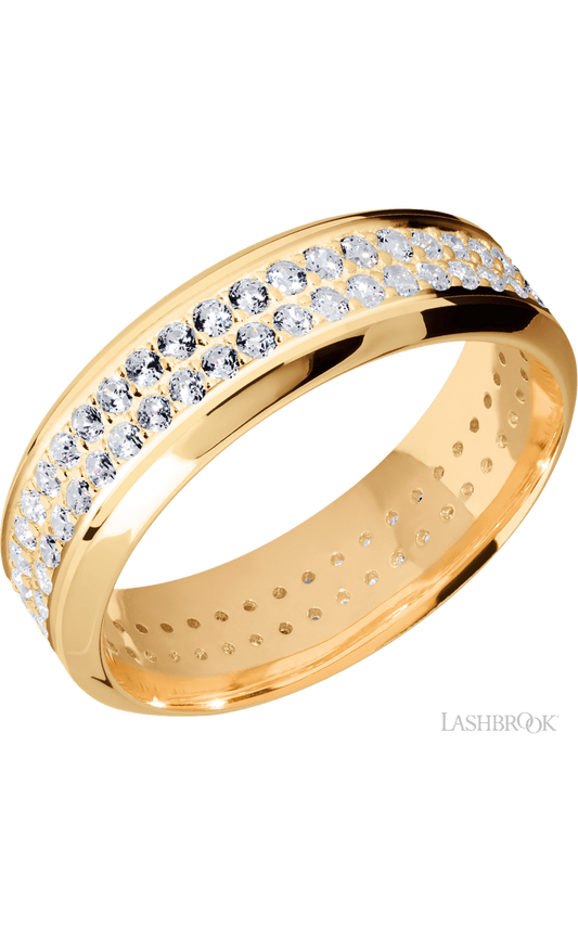 7 mm wide/High Bevel/14K Yellow Gold band with a 2 Row Eternity arrangement of .015 carat Round Diamond stones in a Bead Channel setting.