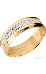7 mm wide/High Bevel/14K Yellow Gold band with a 2 Row Eternity arrangement of .015 carat Round Diamond stones in a Bead Channel setting.