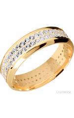 7 mm wide/High Bevel/14K Yellow Gold band with a 2 Row Eternity arrangement of .015 carat Round Diamond stones in a Bead Channel setting.