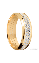 7 mm wide/High Bevel/14K Yellow Gold band with a 2 Row Eternity arrangement of .015 carat Round Diamond stones in a Bead Channel setting.