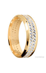 7 mm wide/High Bevel/14K Yellow Gold band with a 2 Row Eternity arrangement of .015 carat Round Diamond stones in a Bead Channel setting.
