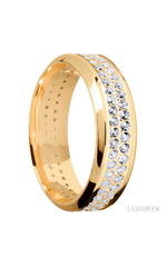 7 mm wide/High Bevel/14K Yellow Gold band with a 2 Row Eternity arrangement of .015 carat Round Diamond stones in a Bead Channel setting.