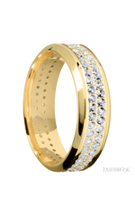 7 mm wide/High Bevel/14K Yellow Gold band with a 2 Row Eternity arrangement of .015 carat Round Diamond stones in a Bead Channel setting.
