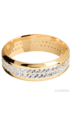 7 mm wide/High Bevel/14K Yellow Gold band with a 2 Row Eternity arrangement of .015 carat Round Diamond stones in a Bead Channel setting.