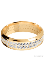 7 mm wide/High Bevel/14K Yellow Gold band with a 2 Row Eternity arrangement of .015 carat Round Diamond stones in a Bead Channel setting.