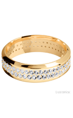 7 mm wide/High Bevel/14K Yellow Gold band with a 2 Row Eternity arrangement of .015 carat Round Diamond stones in a Bead Channel setting.