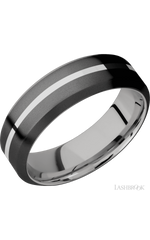 7 mm wide/High Bevel/Zirconium band with one 1 mm Centered inlay of Palladium Silver also featuring a Palladium Silver sleeve.