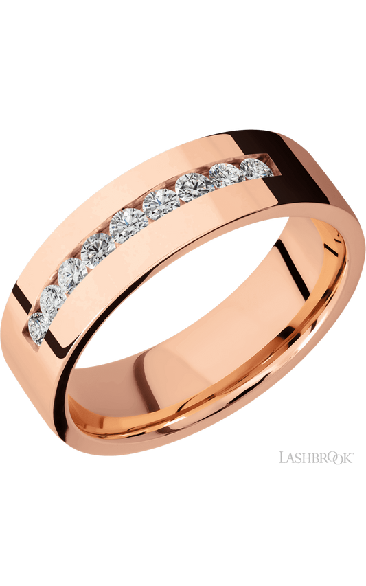 7 mm wide/Flat/14K Rose Gold band with an arrangement of 9, .05 carat Round Diamond stones in a Channel setting.