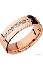 7 mm wide/Flat/14K Rose Gold band with an arrangement of 9, .05 carat Round Diamond stones in a Channel setting.