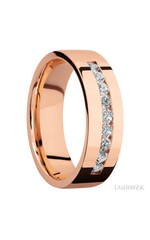 7 mm wide/Flat/14K Rose Gold band with an arrangement of 9, .05 carat Round Diamond stones in a Channel setting.