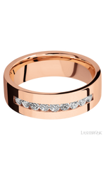 7 mm wide/Flat/14K Rose Gold band with an arrangement of 9, .05 carat Round Diamond stones in a Channel setting.