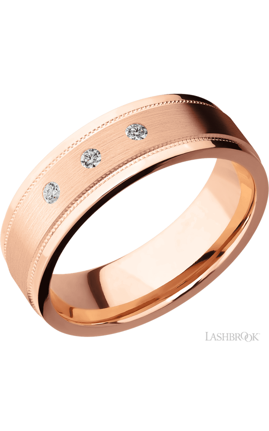 7 mm wide/Flat Stepped Edges Milgrain/14K Rose Gold band with an arrangement of 3, .03 carat Round Diamond stones in a Flush setting.