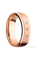 7 mm wide/Flat Stepped Edges Milgrain/14K Rose Gold band with an arrangement of 3, .03 carat Round Diamond stones in a Flush setting.