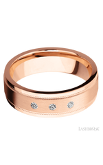 7 mm wide/Flat Stepped Edges Milgrain/14K Rose Gold band with an arrangement of 3, .03 carat Round Diamond stones in a Flush setting.