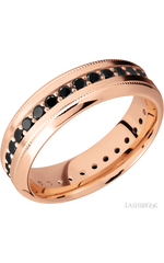 7 mm wide/High Bevel Milgrain/14K Rose Gold band with an Eternity arrangement of .03 carat Round Black Diamond stones in a Bead Channel setting.