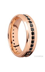 7 mm wide/High Bevel Milgrain/14K Rose Gold band with an Eternity arrangement of .03 carat Round Black Diamond stones in a Bead Channel setting.