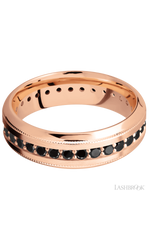 7 mm wide/High Bevel Milgrain/14K Rose Gold band with an Eternity arrangement of .03 carat Round Black Diamond stones in a Bead Channel setting.