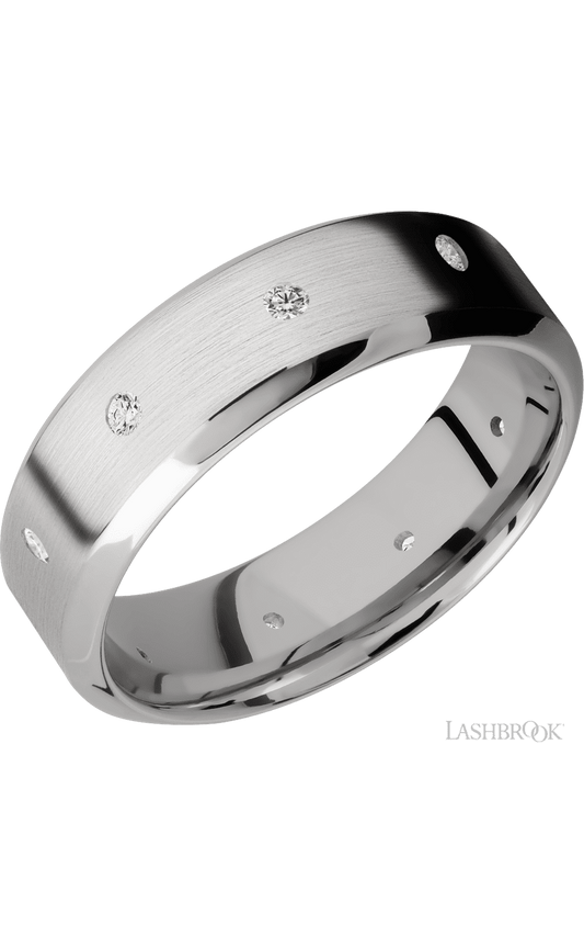 7 mm wide/High Bevel/14K White Gold band with a 9X Even arrangement of .03 carat Round Diamond stones in a Flush setting.