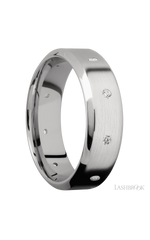 7 mm wide/High Bevel/14K White Gold band with a 9X Even arrangement of .03 carat Round Diamond stones in a Flush setting.