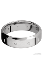 7 mm wide/High Bevel/14K White Gold band with a 9X Even arrangement of .03 carat Round Diamond stones in a Flush setting.