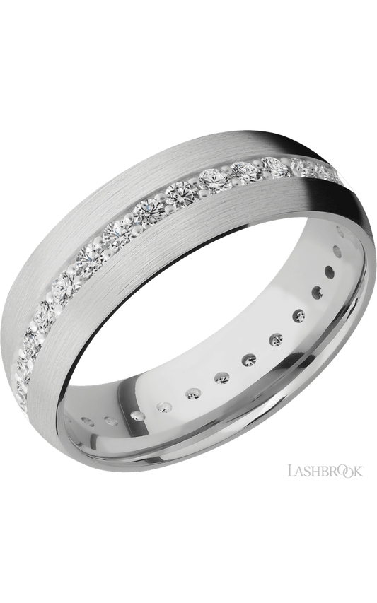 7 mm wide/Domed/14K White Gold band with an Eternity arrangement of .03 carat Round Diamond stones in a Bead Channel setting.