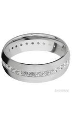 7 mm wide/Domed/14K White Gold band with an Eternity arrangement of .03 carat Round Diamond stones in a Bead Channel setting.