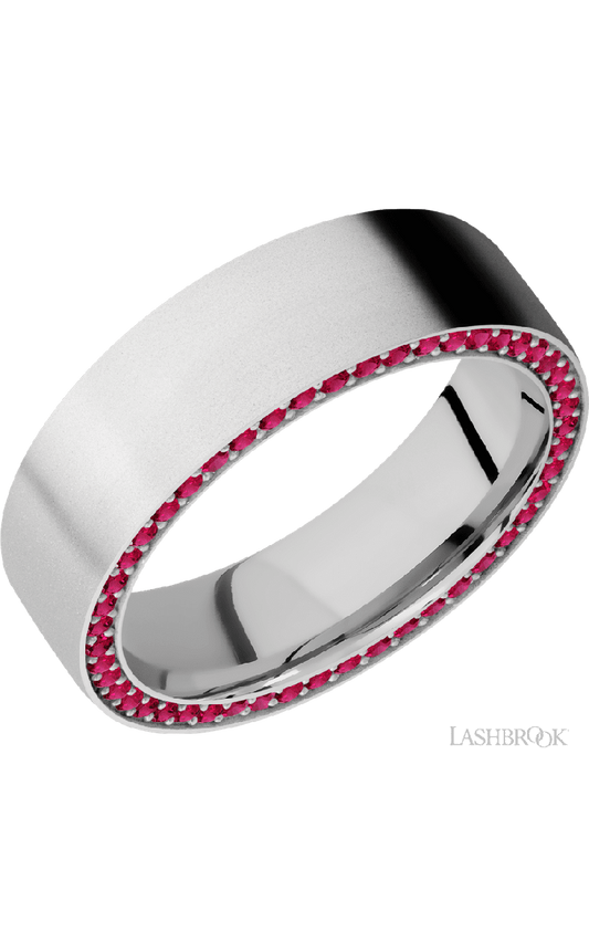 7 mm wide/Flat/14K White Gold band with a Side Eternity arrangement of .01 carat Round Ruby stones in a Bead Channel setting.
