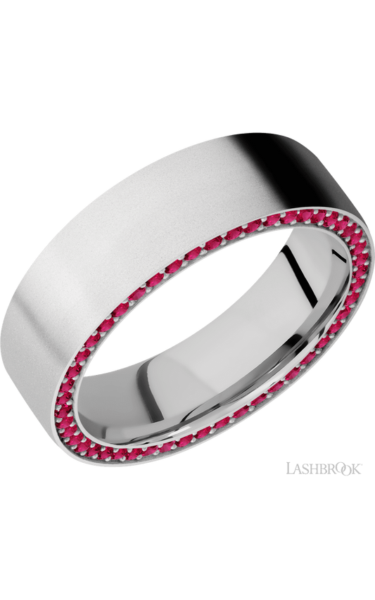 7 mm wide/Flat/14K White Gold band with a Side Eternity arrangement of .01 carat Round Ruby stones in a Bead Channel setting.